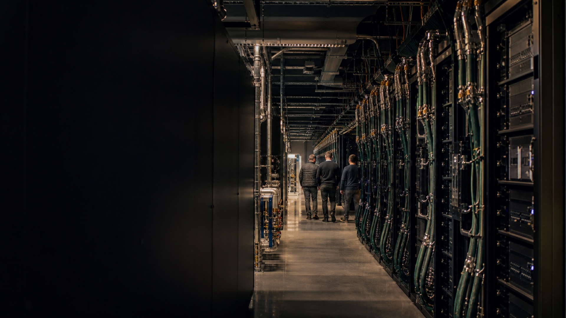 Engineers walking through a high-density, liquid-cooled compute facility