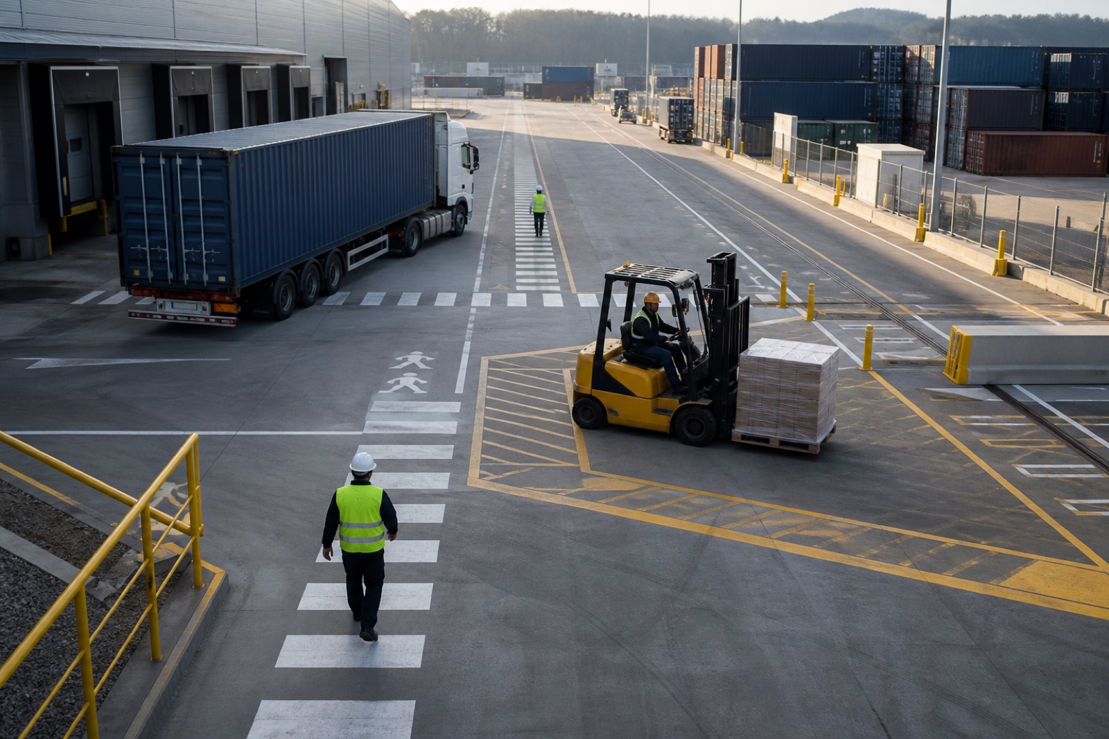Workers, a forklift, and trucks moving through marked routes in a logistics yard