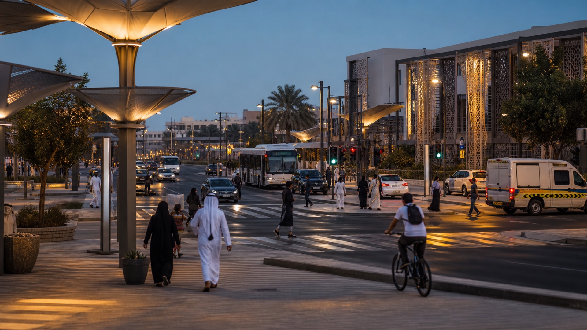 A multimodal urban intersection with pedestrians, cyclists, buses, and vehicles