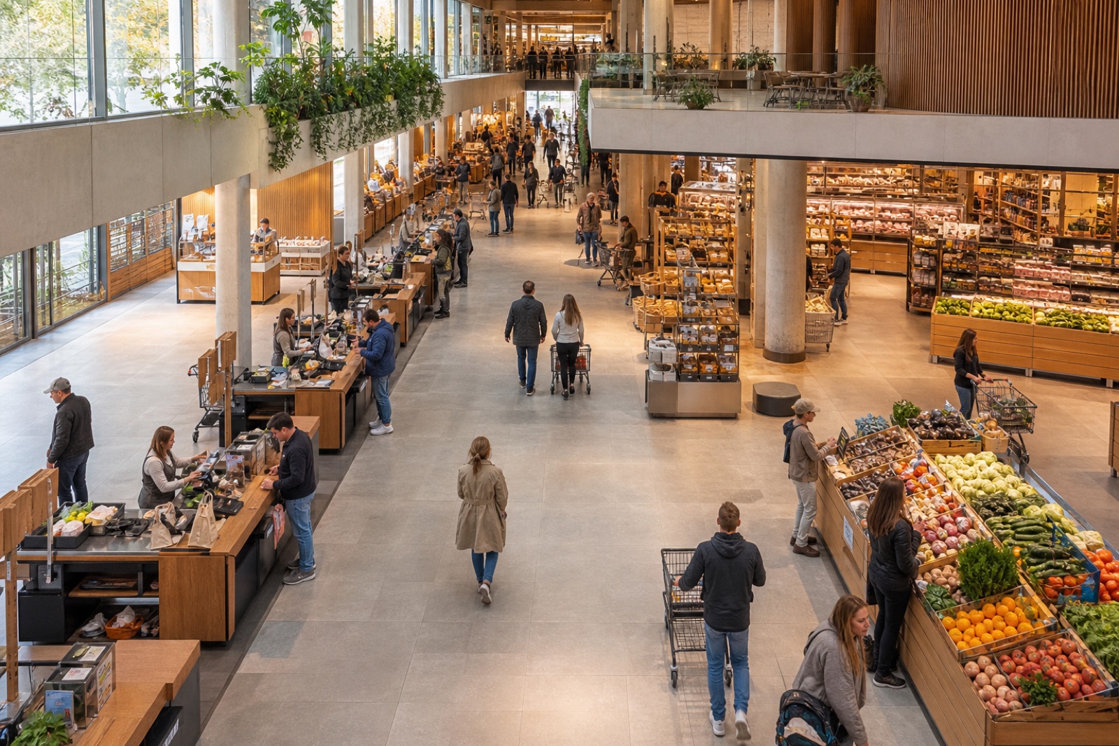 An elevated view of movement, queues, and occupancy inside a contemporary retail space