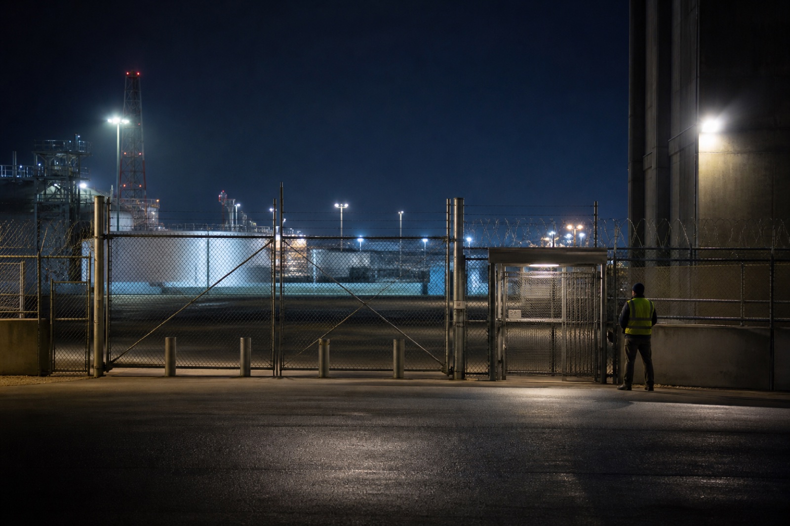 A security operator observing a controlled industrial perimeter at night