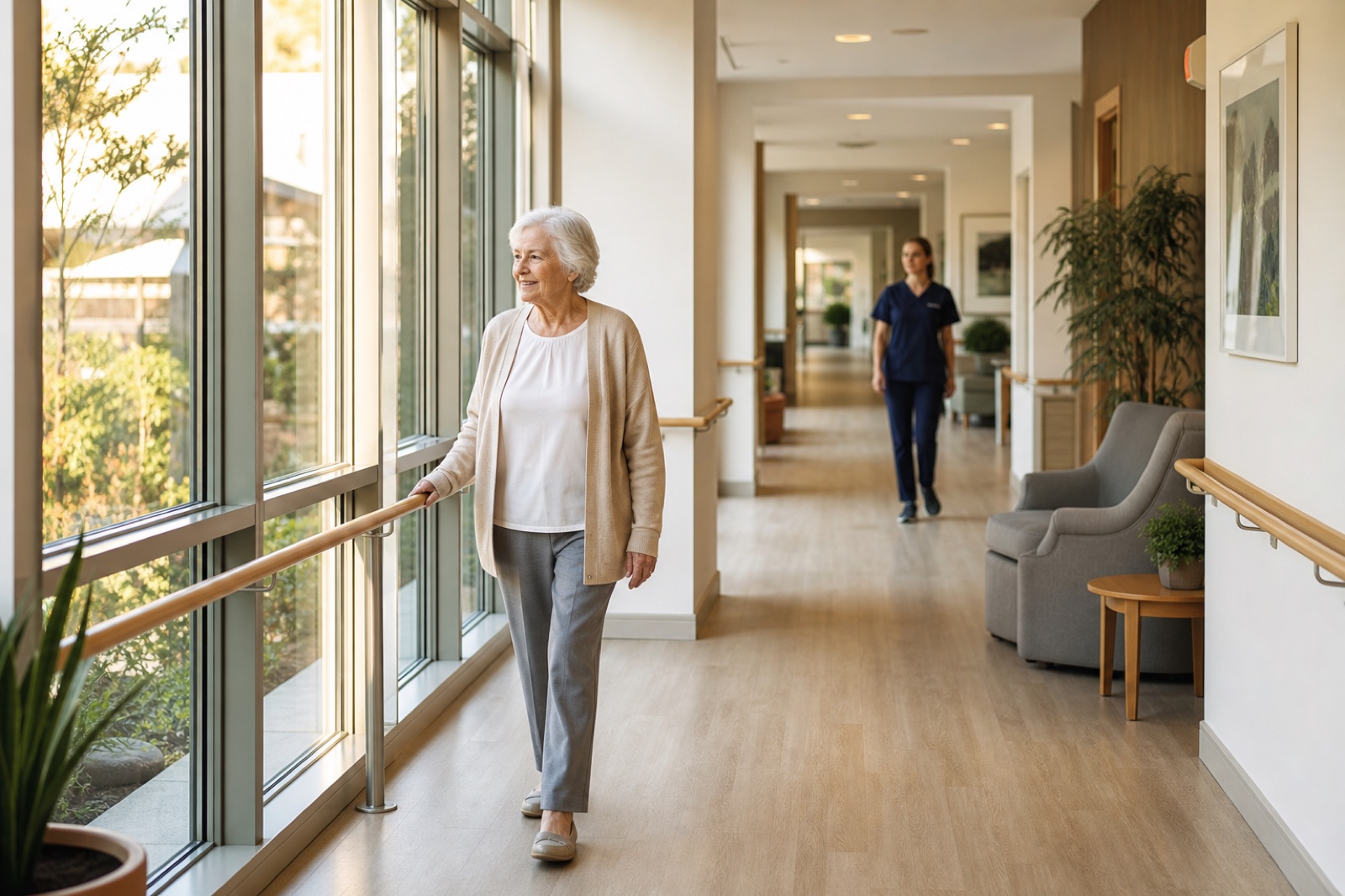 An older resident walking independently through a bright care residence with a caregiver nearby